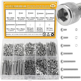 546 Pieces M3 Screws Nuts Washers Set, Sutemribor M3 x 6/8/12/16/20/25/30mm Hex Socket Head Cap Screws Nuts Washers Assortment Kit, 304 Stainless Steel, Fully Threaded