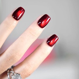 KKUUOO Wine Red Press on Nails Cat Eye Press on Nails Short Square Fake Nails Full Cover Glossy Nails Shiny Acrylic Nails Stick on Nails for Women and Girls Xmas Valentine's Day Manicure 24Pcs