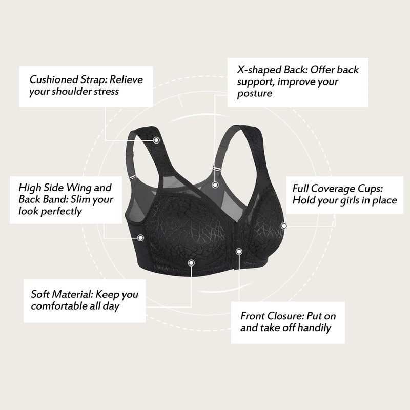 HACI Women's Front Closure Full Coverage Back Support Posture Bra