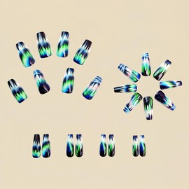 24 Pcs Aurora Press on Nails Medium Coffin - ZIFANHU Fake Nails Press ons with Cute Forest Design Ombre False Nails Full Cover Acrylic Nail Art Kit Glue on Nail for Women Girls Supplies