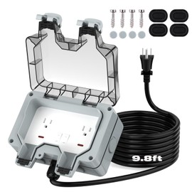 Outdoor Outlet Box with 9.8Ft Extension Cord, NEMA 5-15R, IP66 Waterproof Outdoor Outlet Box w/Lockable Cover & LED Indicator (Double Plug Socket) - Perfect for Gardens, Yards & Sports Fields