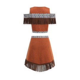 yolsun Maiden Indian Costume Women 4 PCS Native American Inspired Fringe Dress Costume Set Adult with Feather Headband (Brown, Large)