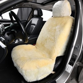 Chifengzun 1PC Front Bucket Genuine Sheepskin Car Seat Cover Lambskin Winter Car seat Cushion Lambs Wool Sheep Skin Fuzzy Seat Cover Shearling Car Accessories for SUVs, Saloons and Trucks (Beige)
