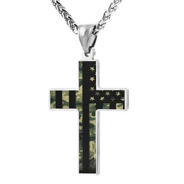 JUHIOPOI American Flag Green Camouflage Cross Pendant Necklace For Mens Women Jewelry Religious Pendant Chain Necklace