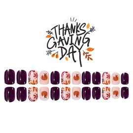 Fall Press on Nails Short Square Fake Nails With Design Autumn Leaves Acrylic Nails Press ons Cute Pumpkin False Nail Full Cover Reusable Thanksgiving Stick on Nail for Women Manicure 24Pcs