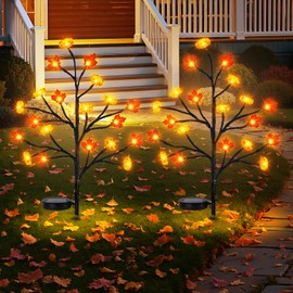 unlemoni 2 Pack Fall Solar Lights Outdoor, 40 LED Maple Pumpkin Stake Lights with 8 Mode, Waterproof Solar Pathway Lights for Garden Patio Yard Fall Outdoor Decor