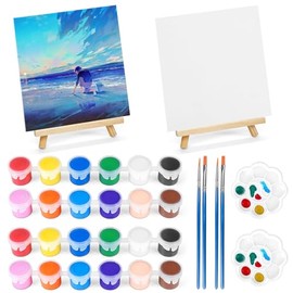 2 Pack 8 * 10In Canvas Boards for Painting, Art Canvas for Drawing with 4 Brushes & 2Paint Trays & 4 Acrylic Paint, Mini Painting Canvas with Easel Set, Painting Kits for Adults & Kids Party