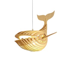 MIXL-Wood Whale Fish Shaped Pendant Light Fixture,1-Lights Creative Chandelier, Woven Ceiling Hanging Light for Kitchen Island Nursery Living Room Hotel Lobby Reception Room