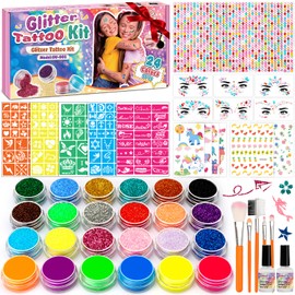 Glitter Tattoo Set Children, KHOLEZ Glitter Tattoos Children's Set, Temporary Tattoos, 24 Colours, Face Gemstones, Rhinestones, Stencils, Gift Girls for Birthday, Party, Christmas Gifts