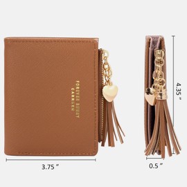 KOTORA Womens Small Wallet Girls Tiny Slim Wallets Pretty Mini Card Holder Thin Short Zip Coin Purse with Love Pendant and Tassels (Brown)
