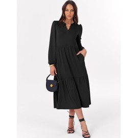 ANRABESS Women's Long Sleeve Maxi Dresses 2025 Fall Casual V Neck Flowy Tiered Boho Modest Trendy Vacation Dress with Pockets Black Medium