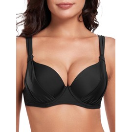 RELLECIGA Women's Black Push Up Bathing Suit Underwire Molded Cup Bikini Top Size Medium