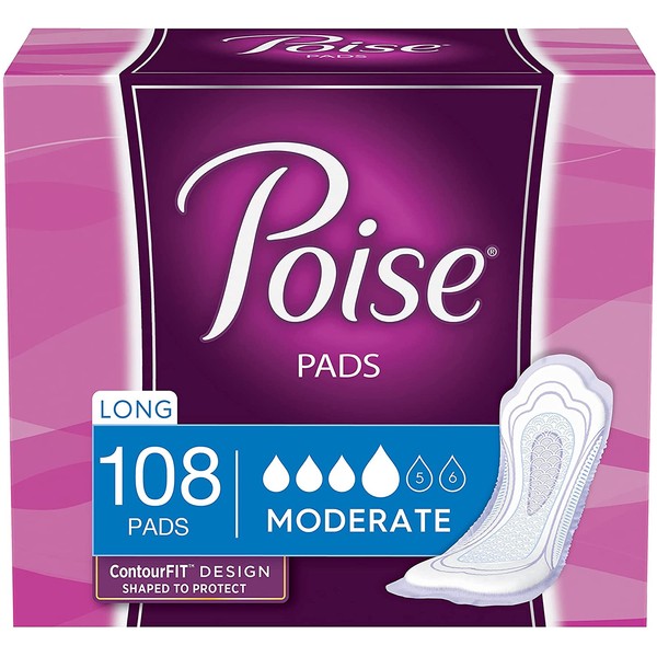 Poise Incontinence Pads for Women, Moderate Absorbency, Long, 108 Count (2 Packs of 54) (Packaging May Vary)