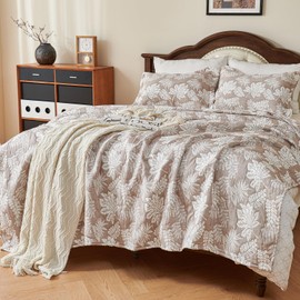 EVENHUG 100% Cotton Quilt Full/Queen Size Reversible Tropical Plant Quilted Bedding Set Summer Bedspread Coverlet with 2 Pillow Shams Washable Bed Cover for All Season 3 Pieces, 86"x86", Beige