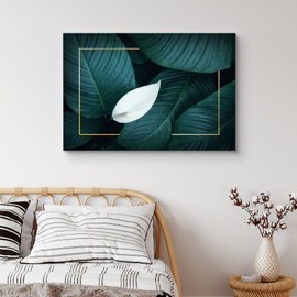 NWT Canvas Print Wall Art White Petal Drops Down Over Banana Leaves Nature Wilderness Illustrations Modern Art Rustic Scenic Colorful Multicolor Ultra for Living Room, Bedroom, Office - 12"x18"