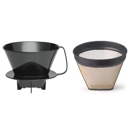 Fino Pour-Over Reusable Coffee Brewing Cone with Gold-Toned Mesh Permanent Coffee Filter, Number 4-Size, Black
