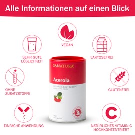 Sanatura Acerola Powder 3 x 175 g (Pack of 3) - Natural Vitamin C High Dose - From Acerola Cherry - Easy to Use - Very Economical - Vegan