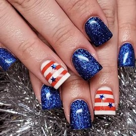 24Pcs Independence Day Press on Nails Short Square Stars Red White Stripes Design 4th of July Blue Acrylic Patriotic False Nail Full Cover Press Stick on Nails Glossy Acrylic Glue on Nails for Women