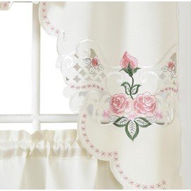 GOHD Rose Fragrance 3pcs Multi-Color Embroidery Curtain with cutworks, Swag Valance and Tiers Set,Satin Fabric,Multi-Color Kitchen Cafe Curtain Set(Rose)