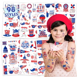 Partywind Metallic Silver Fourth of July Accessories, 98 Styles Patriotic Temporary Tattoos for Kids Adults Independence day/Memorial Day Decorations, Red White and Blue Party Supplies Favors