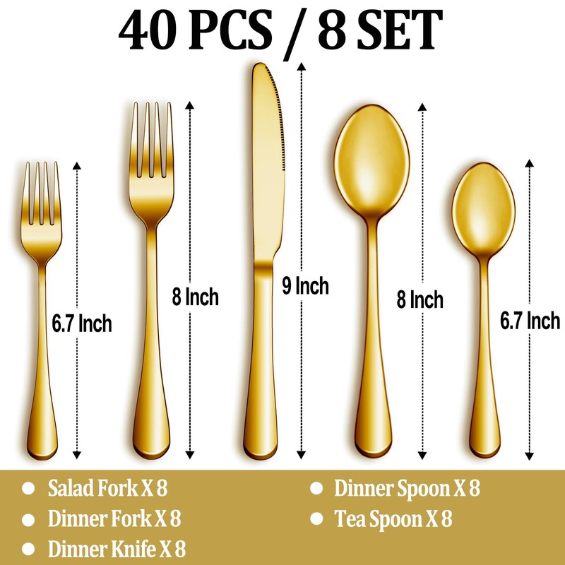 40 Pcs Gold Silverware Set Service for 8, Premium Stainless