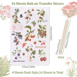WANDIC 16 Sheets Rub On Transfer Stickers, 4 Styles Natural Theme Transfer Waterproof Decals Leaf Flower Fruits Scrapbook Stickers for DIY Home Wall Furniture Crafts Arts, 4 * 6in
