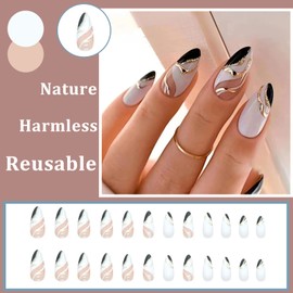 Ceboic Pack of 24 Almond Nails for Sticking Short, Glossy French Gold Glitter Artificial Nails, Oval Acrylic Artificial Nails, Press on Nails, Fingernails, Fake Nails for Women and Girls