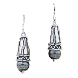 BeSheek Sterling Silver and Filigree Cone Bali Style Dangle Earrings for Women Handmade Hypoallergenic Boho Beach Gala Wedding Style Fashion Leverback Drop Earrings (Hematite & Sterling Silver Filigree Bali Cone)
