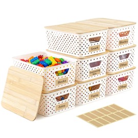 8 Pack Small Plastic Storage Bins with Bamboo Lids, Stackable Plastic Storage Baskets for Organizing with Handles, Organizer Bins with Labels for Room, Craft, Containers for Classroom Storage