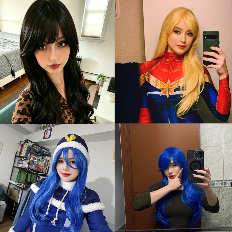Long Wavy Synthetic Wig with Side Bangs for Cosplay Daily