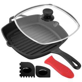 Megachef 10.4 Inch Pre-Seasoned Cast Iron Griddle with Tempered Glass Lid