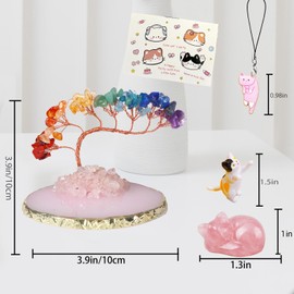 Dreamgirnh Opal Cat Chakra Crystal Tree and Healing Stones Cute Sleeping Cat Statue Lucky Kitten Figurine Office Bedroom Home Desk Fairy Garden Decoration Cat Lovers Gifts for Women (Rose Quartz)