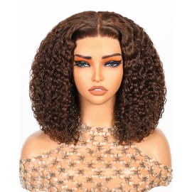 Arabella 5x6 Chocolate Brown Deep Curly Bob Wig Human Hair 210% Density Wear and Go Glueless Wigs Human Hair 4# Brown Bob Wig Lace Front Wigs Pre Cut Lace Pre Bleached Knots(14inch, 5x6 DC Glueless)