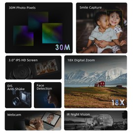 ORDRO B320 1080P 30FPS Video Camera Recorder, Full HD 30MP 18X Digital Zoom Camcorder, YouTube Vlogging Camera Infrared Night Vision, 3.0 Inch Flip Screen, 2 Batteries, Remote Control(Black)