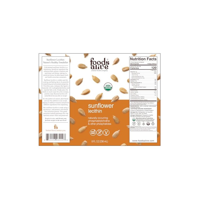 Foods Alive Organic Sunflower Lecithin Liquid, Cold-Pressed, Extra-Virgin, Unrefined, 8