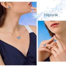 Hipunk Butterfly Blue Jewelry Sets Birthstone Women 925 Sterling Silver September-Sapphire Birth Stone Animal Butterflies Jewelry Sets/Earring/Ring Set Crystal Birthday Jewelry SS0002S