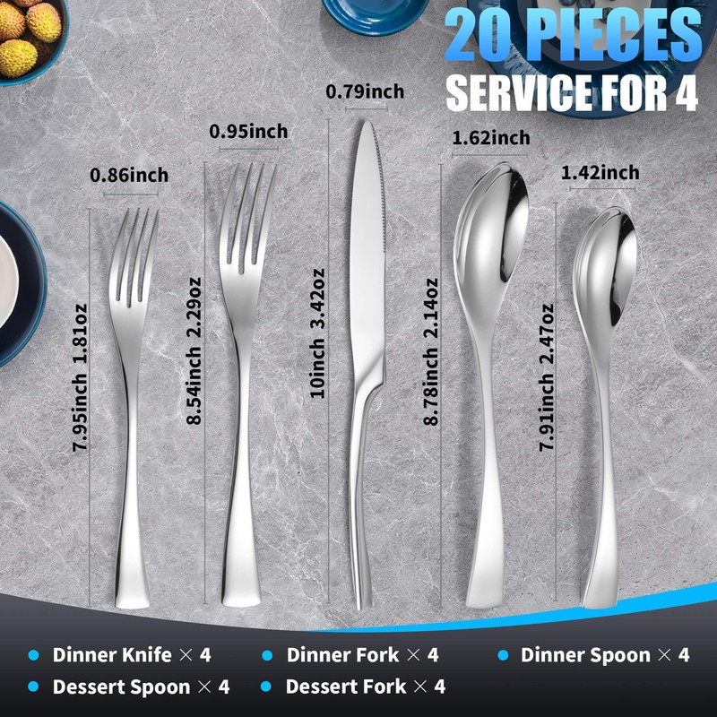 Lemeya 20-Piece Silverware Set for 4,Heavy Duty 18/10 Stainless Steel