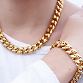 13mm Wide Cuban Link Chain Necklace for man and Woman-Gold 60cm