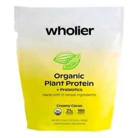 wholier Organic Plant Protein + Prebiotics. Clean Vegan Protein. 21g of Protein. 14 Real Plant Ingredients. Prebiotic Fiber. No Natural Flavors, Gums or Fillers. Creamy Cacao (1 lb. 4 oz.)