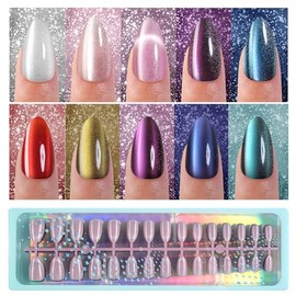 Vansiho 300 uñas postizas de ojo de gato con purpurina brillante para mujer, uñas postizas de gel suave almendra mediana, reutilizables y brillantes p