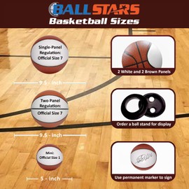 Ballstars - Balón de baloncesto en blanco, tamaño 7, tamaño regulatorio para firmar con un panel grande blanco y 6 marrones, baloncesto signable