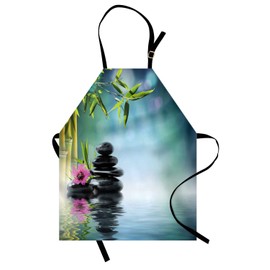 ABAKUHAUS Peace Garden Cooking Apron, Pebbles in Asian Zen Garden of Recovery for the Soul Spiritualistic, Height Adjustable, Clear Colours without Fading, Dark Sky Blue, Teal Lime Green
