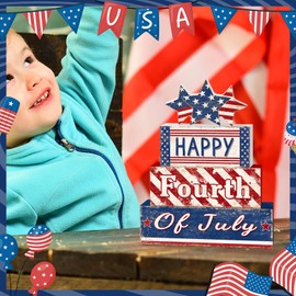 Britimes 4 Pcs Patriotic Tiered Tray Decor, Farmhouse 4th of July Table Wooden Sign Rustic Red White Blue Block Stack Decorations for Home Fireplace Mantel Memorial Day (Independence Day Happy)