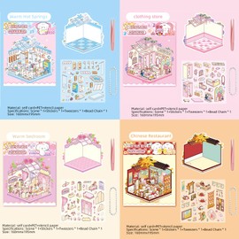 NAESM DIY 3D House Stickers, 4 Set Fun DIY Stickers Scene, Make Your Own Warm Bedroom Dining Room Clothing Store Hot Spring Room, Cute 3D Cartoon Scene Stickers for Adult Kids Relief Stress Pass