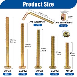 Taiss Crib Screws M6x40mm/ 50mm/60mm/70mm/80mm 16 Set Baby Bed Crib Screws Hardware Replacement Kit,Bed Frame bolts,baby crib parts Hex Socket Cap Screws and Barrel Nuts/Wrenches for Beds Furniture