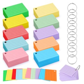 Pack of 1000 A8 Index Cards, 10 Colours, Ruled, Flash Cards with Binder Rings, for Learning on the Go Vocabulary