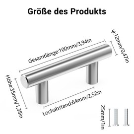 10 x Stainless Steel T-bar Handles, Furniture Handles, Door Handles, Kitchen Cabinet Handles, Hole spacing