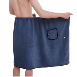 Holajoy Men's Fall Towel Wrap Fleece Bath Towel Elastic Waistband Absorbent Knee Length Loose Patch Pocket Shower Wrap Blue Small-Large
