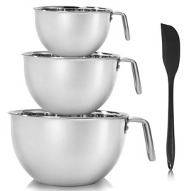 Suwimut 3 Pieces 304 Stainless Steel Mixing Bowls, 1.3/2.1/2.6 Quart Mixing Bowl Set with Handle, Pour Spouts & Measurement Marks, Metal Nesting Bowls with Silicone Spatula for Baking Cooking