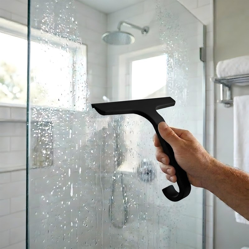 Bathroom Glass Shower Door Squeegee, Silicone & Metal, Black, 10"W